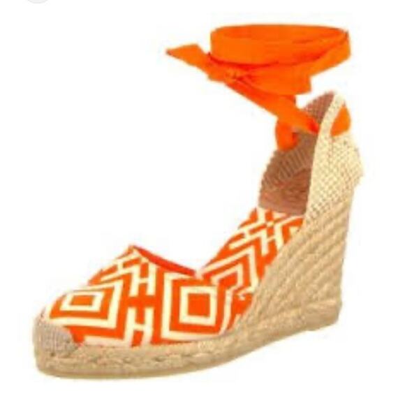 Tory Burch Orange Geometric Lace Up Espadrille Wedge Size 9 - Picture 1 of 11